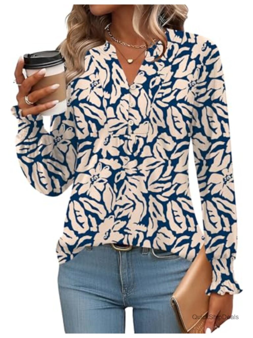 Womens V Neck Long Sleeve Button Down Blouse Pleated Front Curved Hem Top